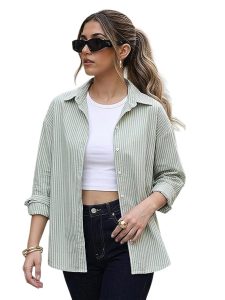Urbano Fashion Women's Cotton Full Sleeve Oversized Fit Casual Striped Shirt with Spread Collar