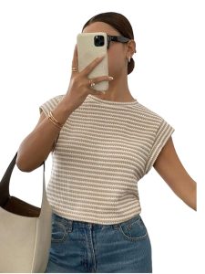 Jawdrobe Women’s Striped Western Top | Round Neck Cap Sleeve T-Shirt for Women | Loose Fit Casual Summer Wear